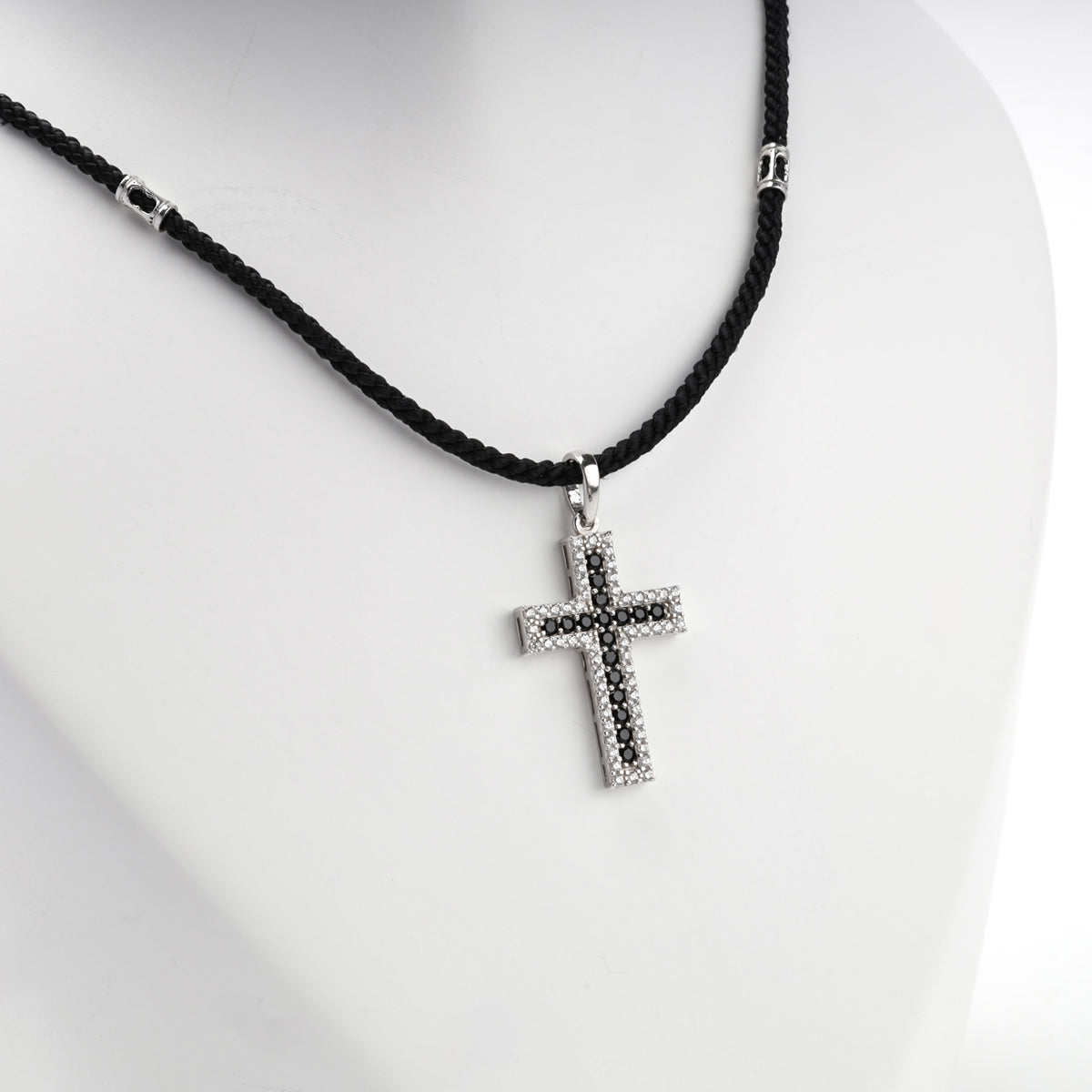Rhodium-plated silver black and clear cubic zirconia cross pendant — view 2 — Kabluchka
