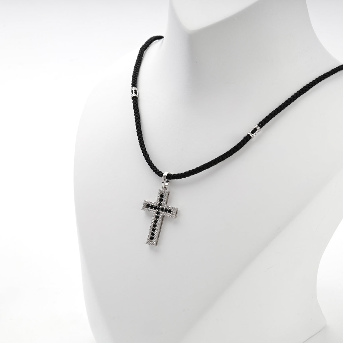 Rhodium-plated silver black and clear cubic zirconia cross pendant — view 4 — Kabluchka