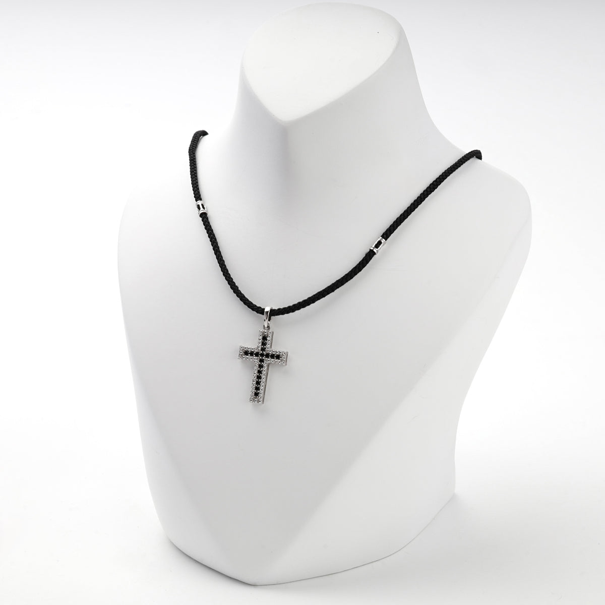 Rhodium-plated silver black and clear cubic zirconia cross pendant — view 3 — Kabluchka