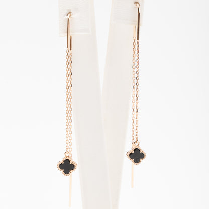 Gold threader earrings four-leaf clover onyx 585 | Kabluchka