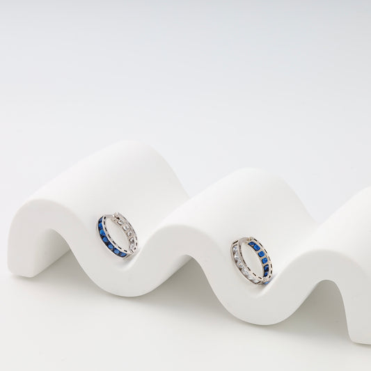 White gold 585 huggie earrings with blue and clear cubic zirconia - Kabluchka Jewelry