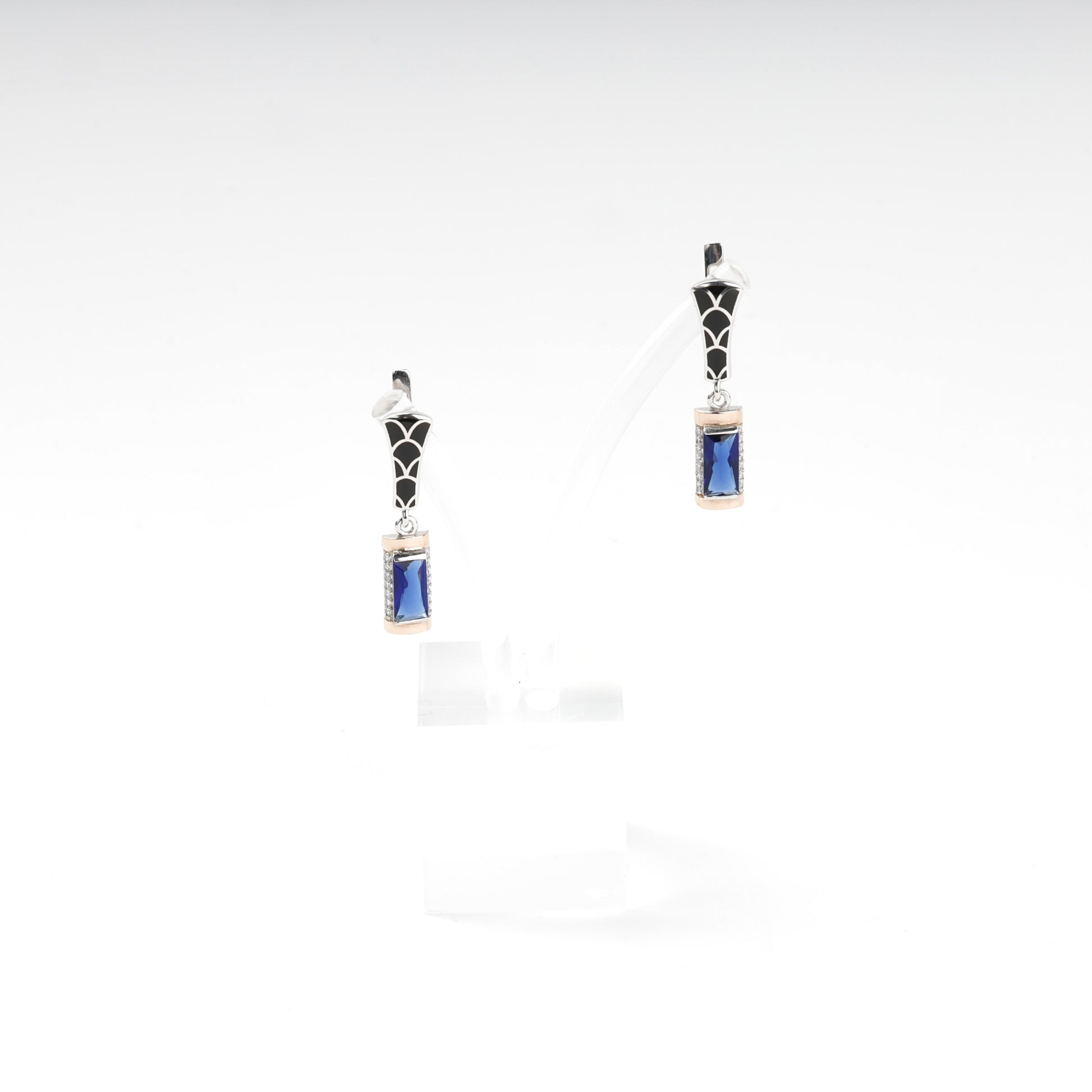 Silver and Gold 375 blue alpinite earrings, angled view
