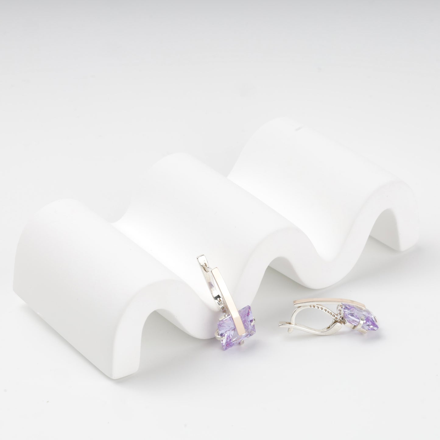 Silver and gold purple cubic zirconia earrings — side view — Kabluchka