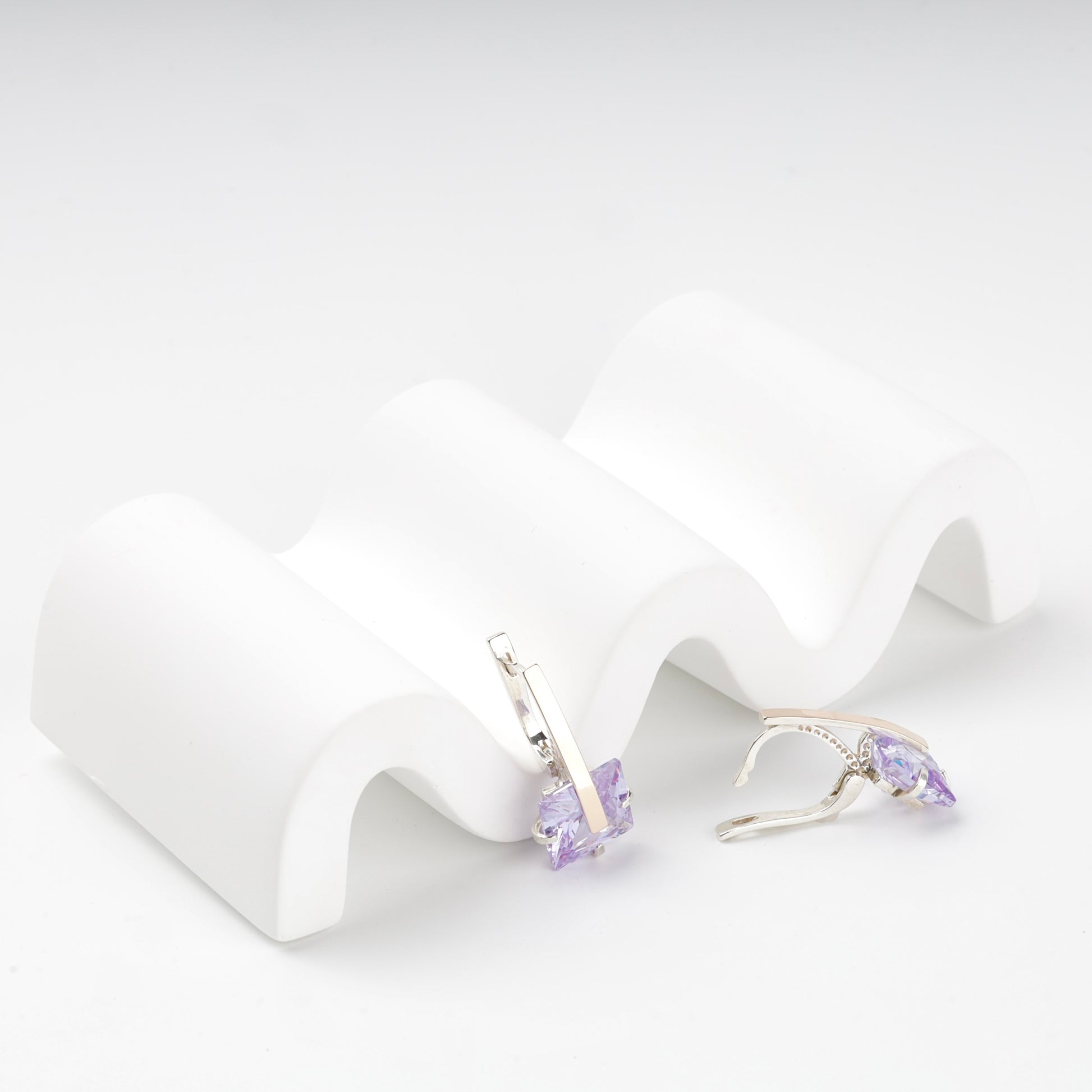 English-lock drop earrings with purple cubic zirconia — open closure view — Kabluchka