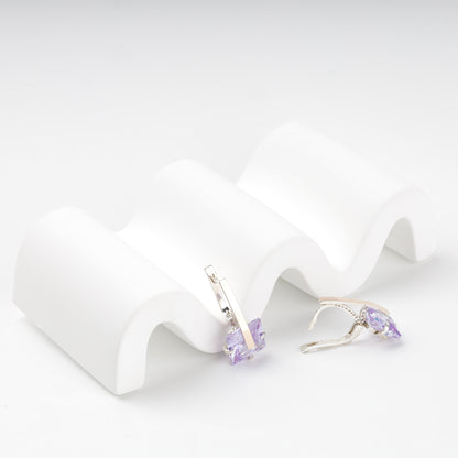 English-lock drop earrings with purple cubic zirconia — open closure view — Kabluchka