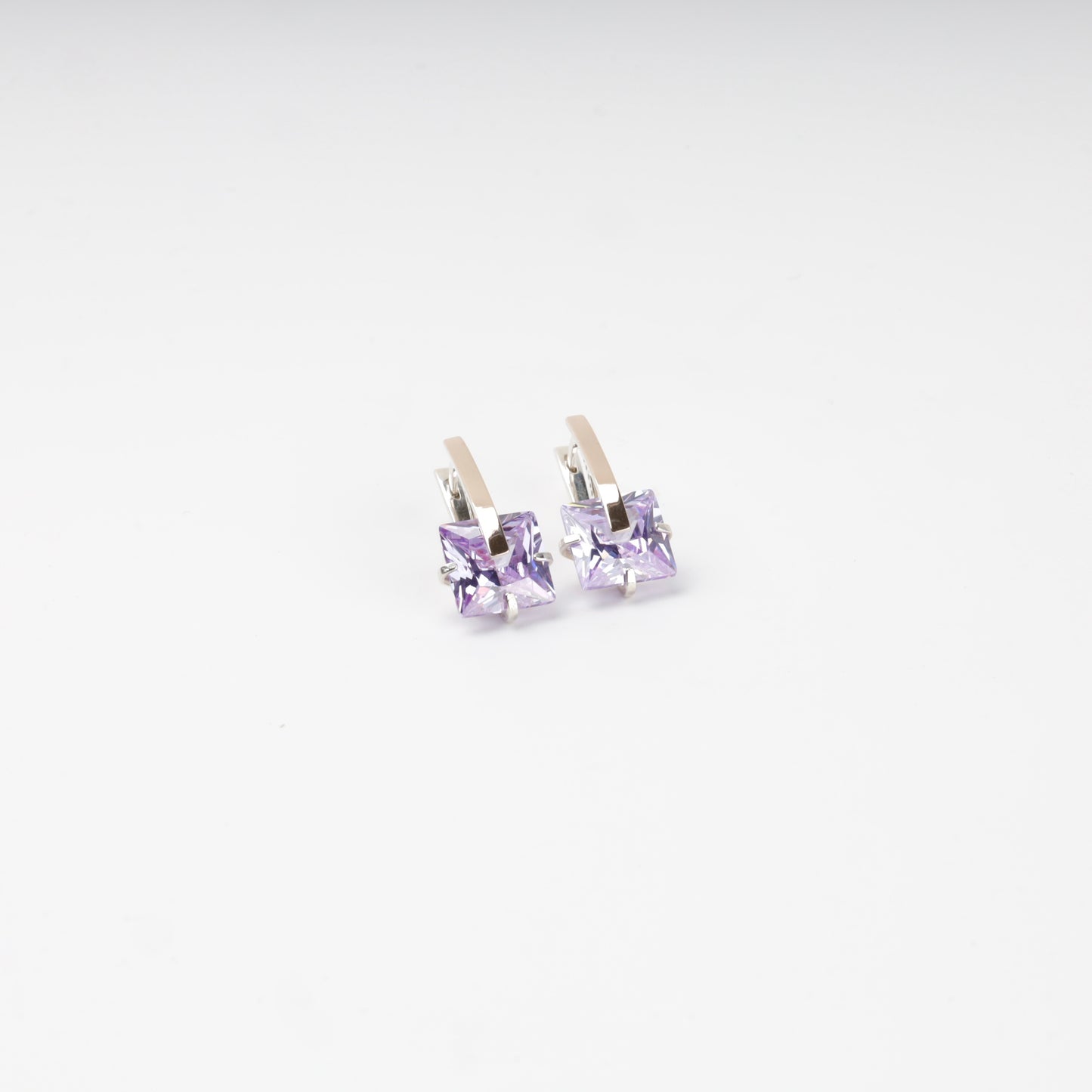 Square-cut purple cubic zirconia earrings — close front view — Kabluchka