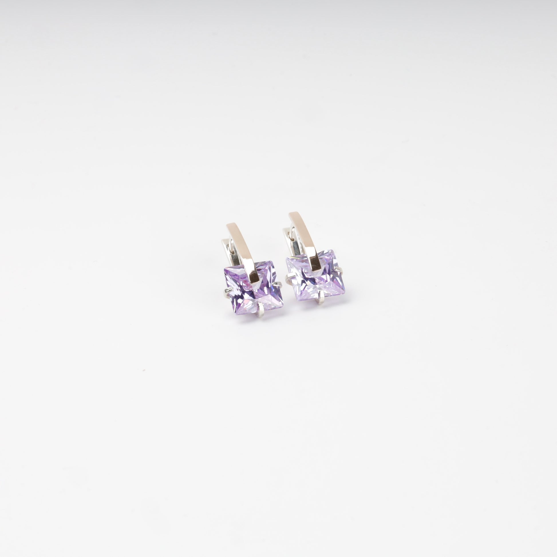 Square-cut purple cubic zirconia earrings — close front view — Kabluchka