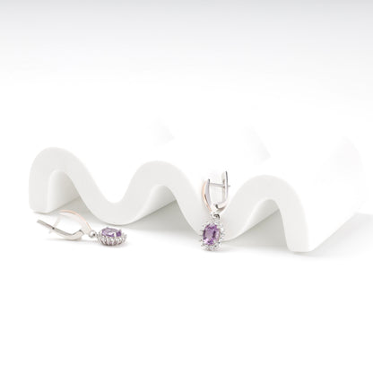 Rhodium-plated amethyst earrings side view — Kabluchka