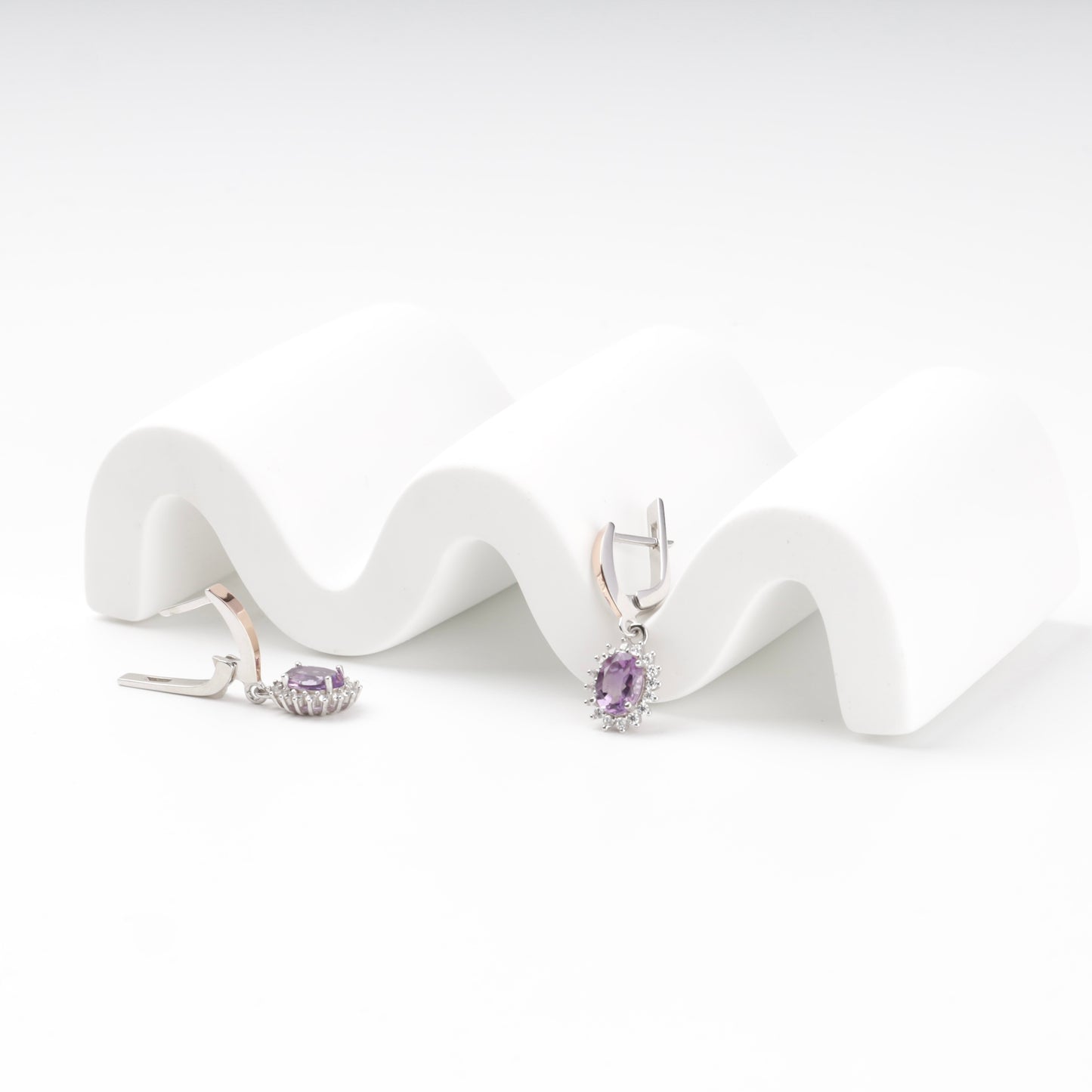 Amethyst and cubic zirconia drop earrings detail — Kabluchka