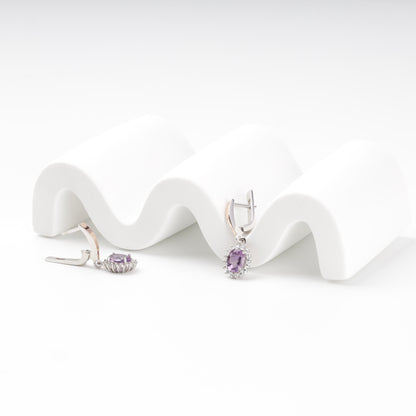 Amethyst and cubic zirconia drop earrings detail — Kabluchka