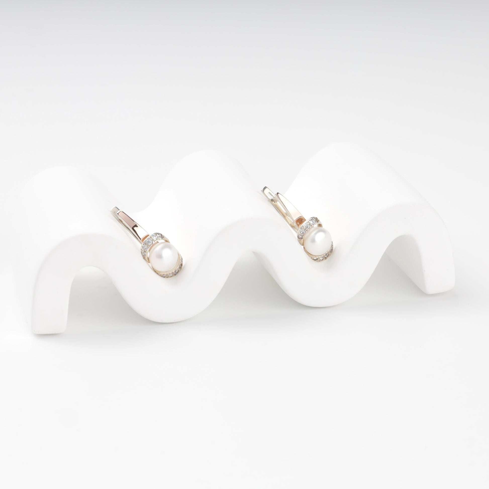 Pearl and cubic zirconia drop earrings — angled view — Kabluchka