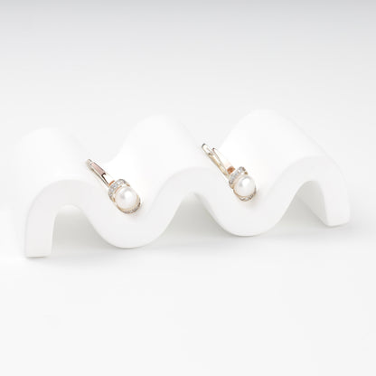 Pearl and cubic zirconia drop earrings — angled view — Kabluchka