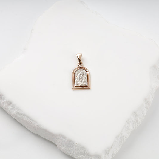 Two-tone gold 14K Virgin Mary and Child arched icon pendant