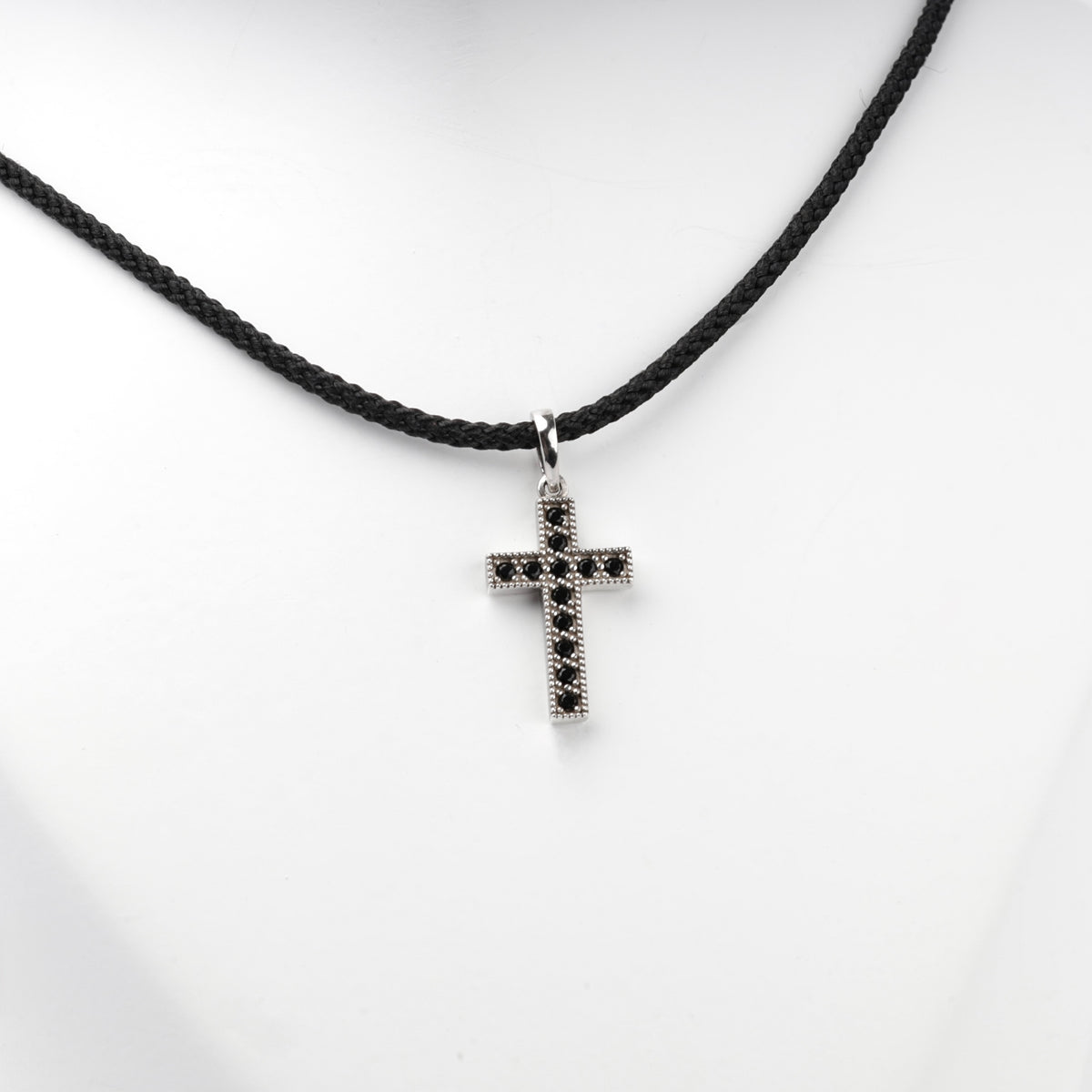 Rhodium-plated silver black cubic zirconia cross pendant — view 1 — Kabluchka