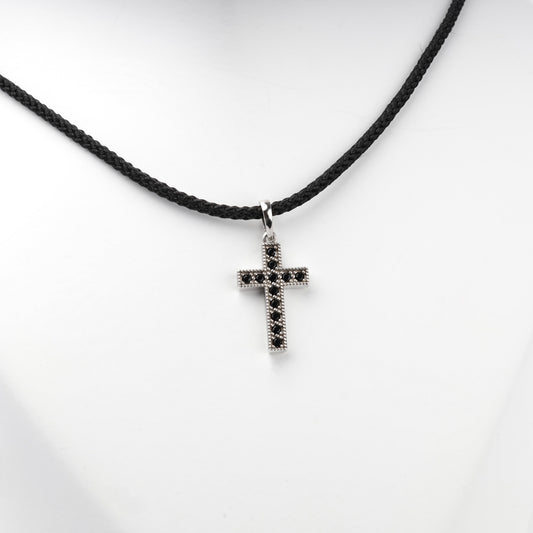 Rhodium-plated silver black cubic zirconia cross pendant — view 1 — Kabluchka