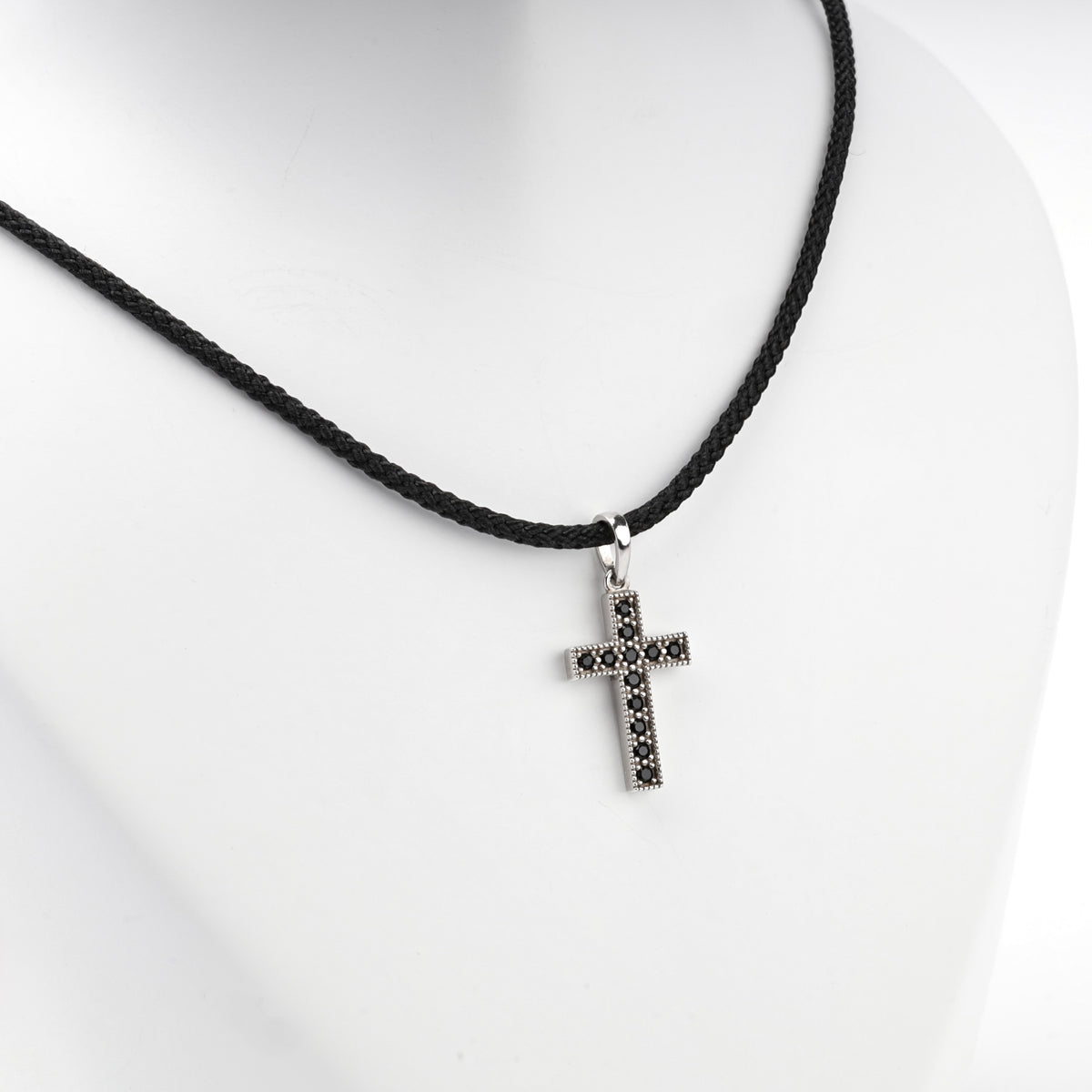 Rhodium-plated silver black cubic zirconia cross pendant — view 2 — Kabluchka
