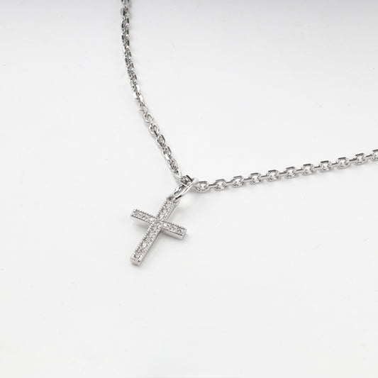 Silver 925 cross pendant with clear cubic zirconia, front view