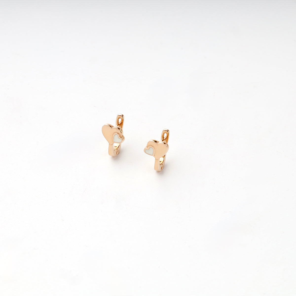 Rose Gold 14K white enamel double heart kids earrings, front view