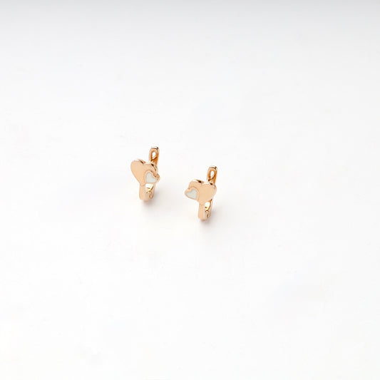 Rose Gold 14K white enamel double heart kids earrings, front view