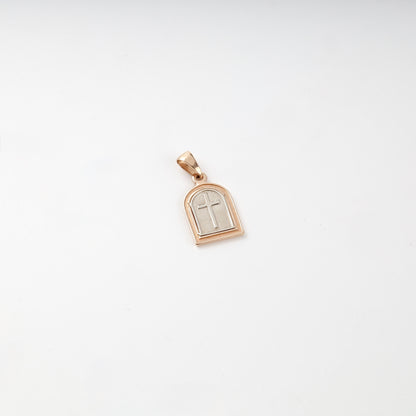 Two-tone gold religious pendant with cross motif on reverse