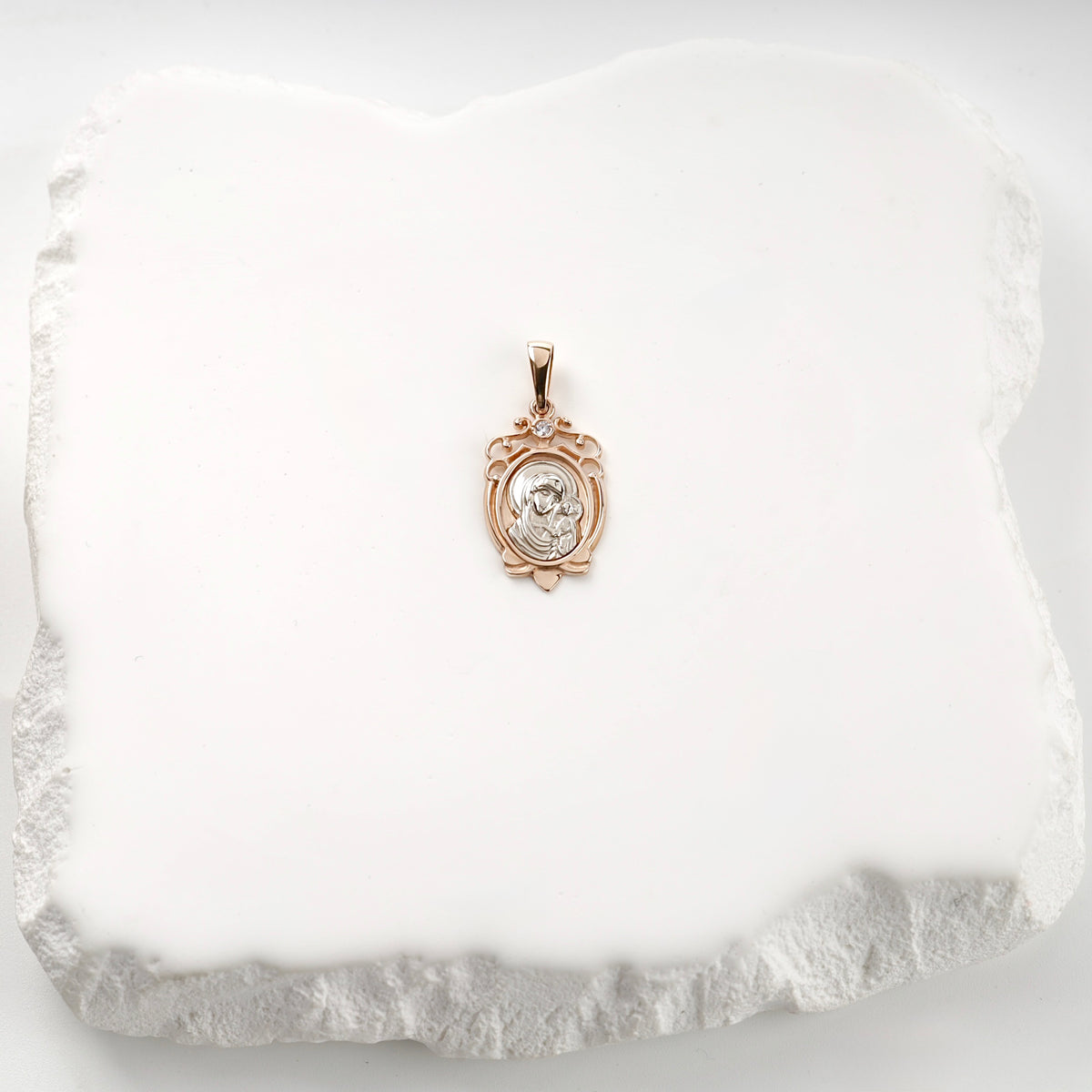 Two-tone gold 14K cubic zirconia Virgin Mary icon pendant