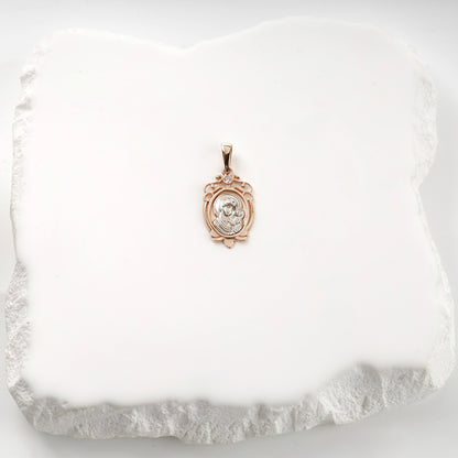 Two-tone gold 14K cubic zirconia Virgin Mary icon pendant