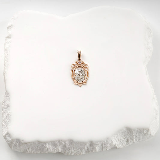 Two-tone gold 14K cubic zirconia Virgin Mary icon pendant