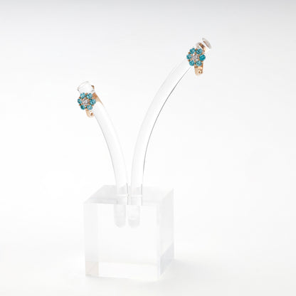 Rose Gold 14K (585) Blue and Clear Cubic Zirconia Flower Halo Earrings — front view — Kabluchka