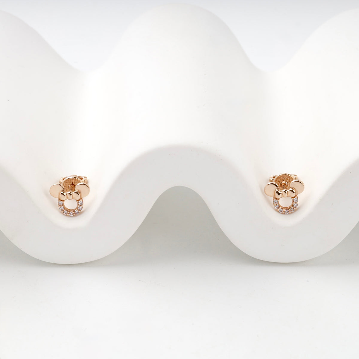 Rose Gold 14K (585) Cubic Zirconia Bow Stud Earrings — front view — Kabluchka