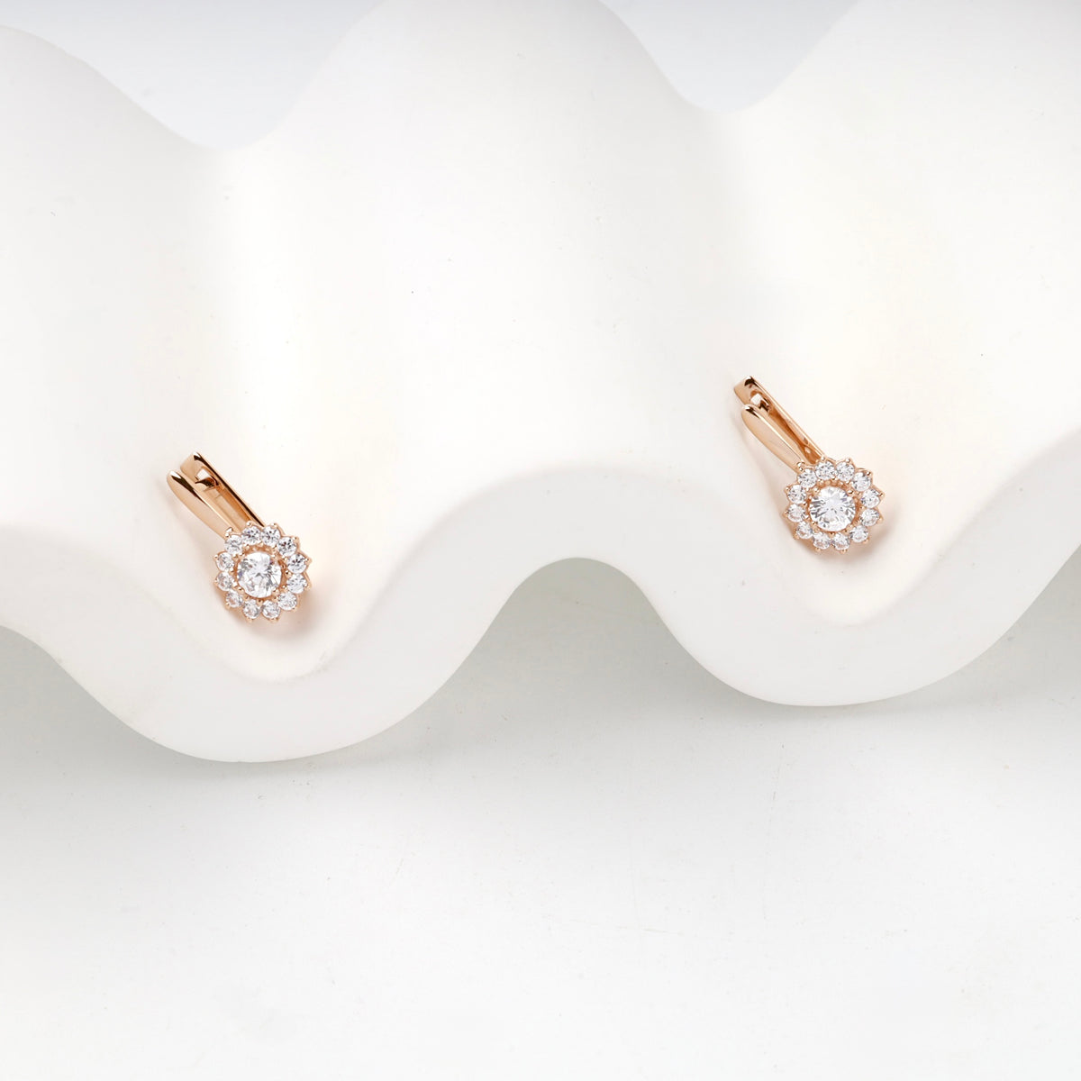Rose Gold 14K (585) Cubic Zirconia Halo Earrings — angled view — Kabluchka