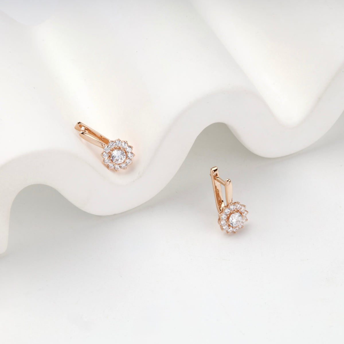 Rose Gold 14K (585) Cubic Zirconia Halo Earrings — side view — Kabluchka