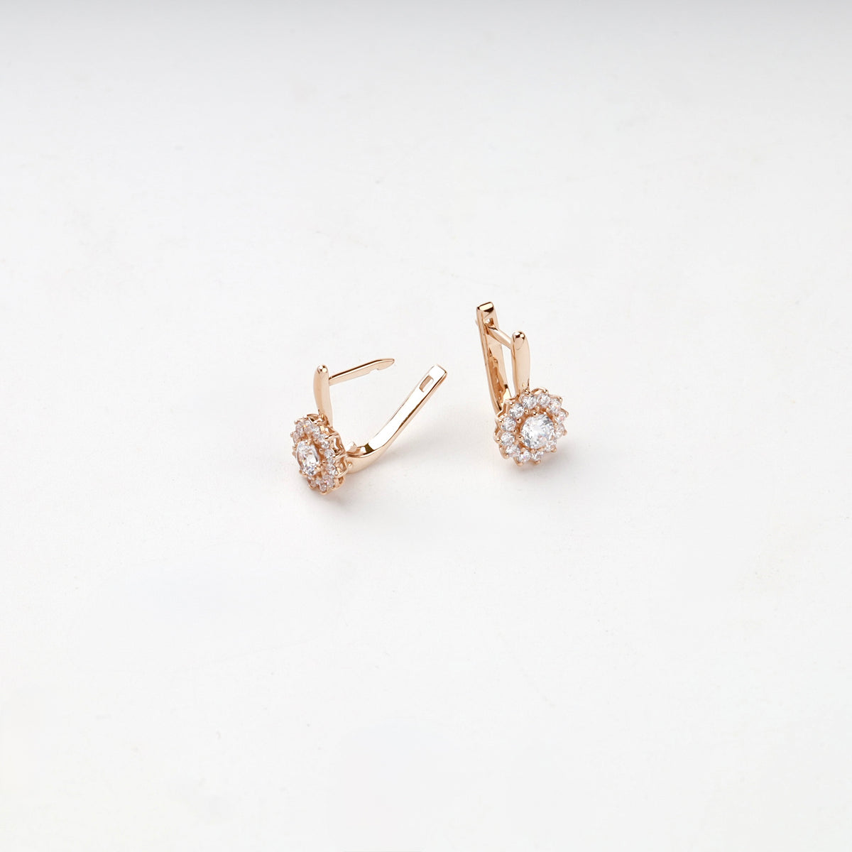 Rose Gold 14K (585) Cubic Zirconia Halo Earrings — back view — Kabluchka
