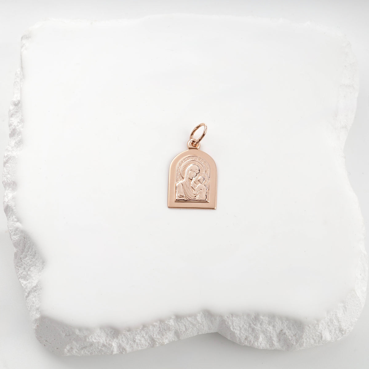 Rose Gold 14K Virgin Mary and Child icon pendant — front view — Kabluchka