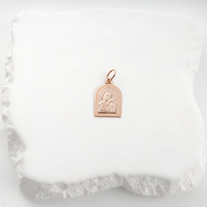 Rose Gold 14K Virgin Mary and Child icon pendant — front view — Kabluchka