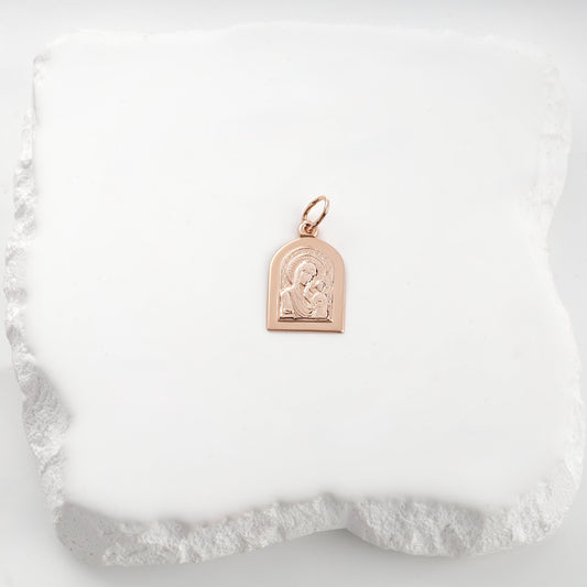 Rose Gold 14K Virgin Mary and Child icon pendant — front view — Kabluchka