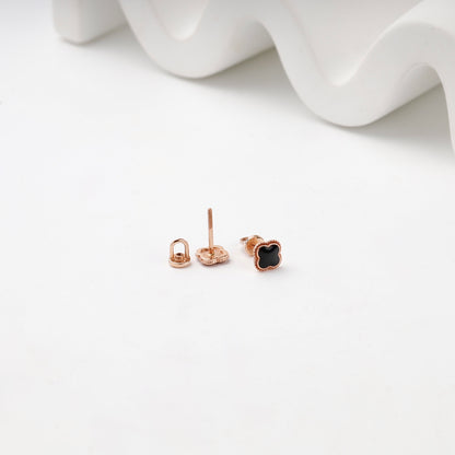 Rose Gold 14K (585) Black Enamel Clover Stud Earrings — closure detail — Kabluchka