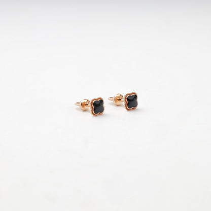 Rose Gold 14K (585) Black Enamel Clover Stud Earrings — detail view — Kabluchka