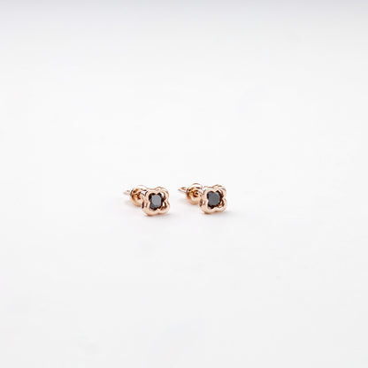 Rose Gold 14K (585) Black Cubic Zirconia Clover Stud Earrings — front view — Kabluchka