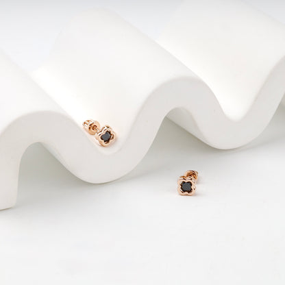 Rose Gold 14K (585) Black Cubic Zirconia Clover Stud Earrings — closure detail — Kabluchka