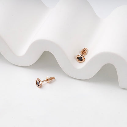 Rose Gold 14K (585) Black Cubic Zirconia Clover Stud Earrings — angled view — Kabluchka