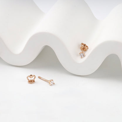 Rose Gold 14K (585) Cubic Zirconia Solitaire Stud Earrings — closure detail — Kabluchka