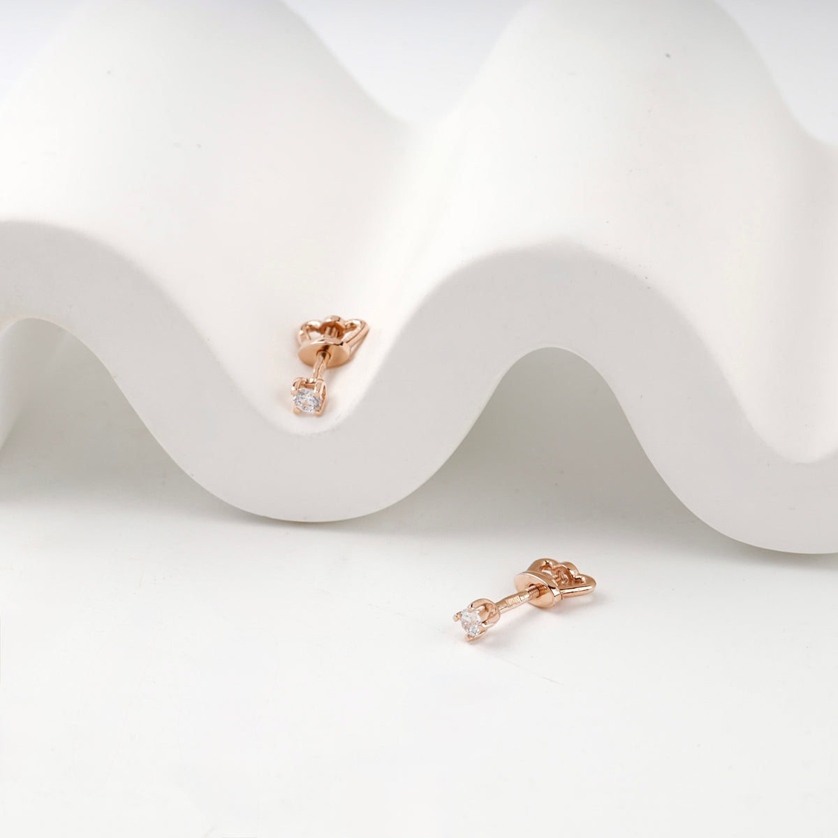 Rose Gold 14K (585) Petite Cubic Zirconia Stud Earrings — front view — Kabluchka