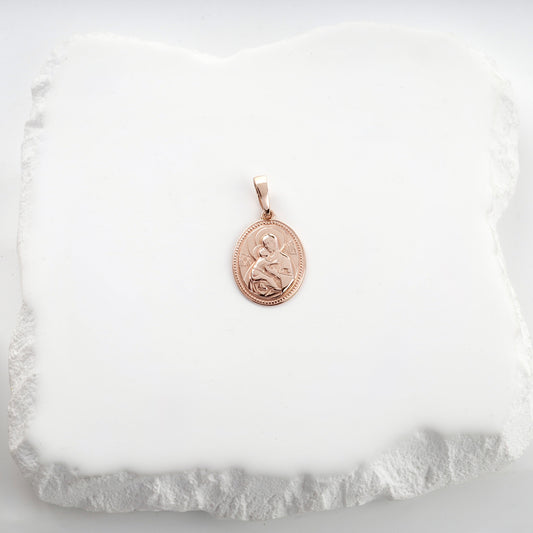 Rose gold 14K Virgin Mary and Child oval icon pendant