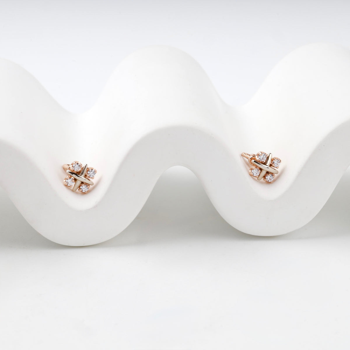 Rose Gold 14K (585) Geometric Cubic Zirconia Stud Earrings — front view — Kabluchka