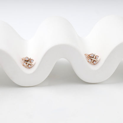 Rose Gold 14K (585) Geometric Cubic Zirconia Stud Earrings — front view — Kabluchka