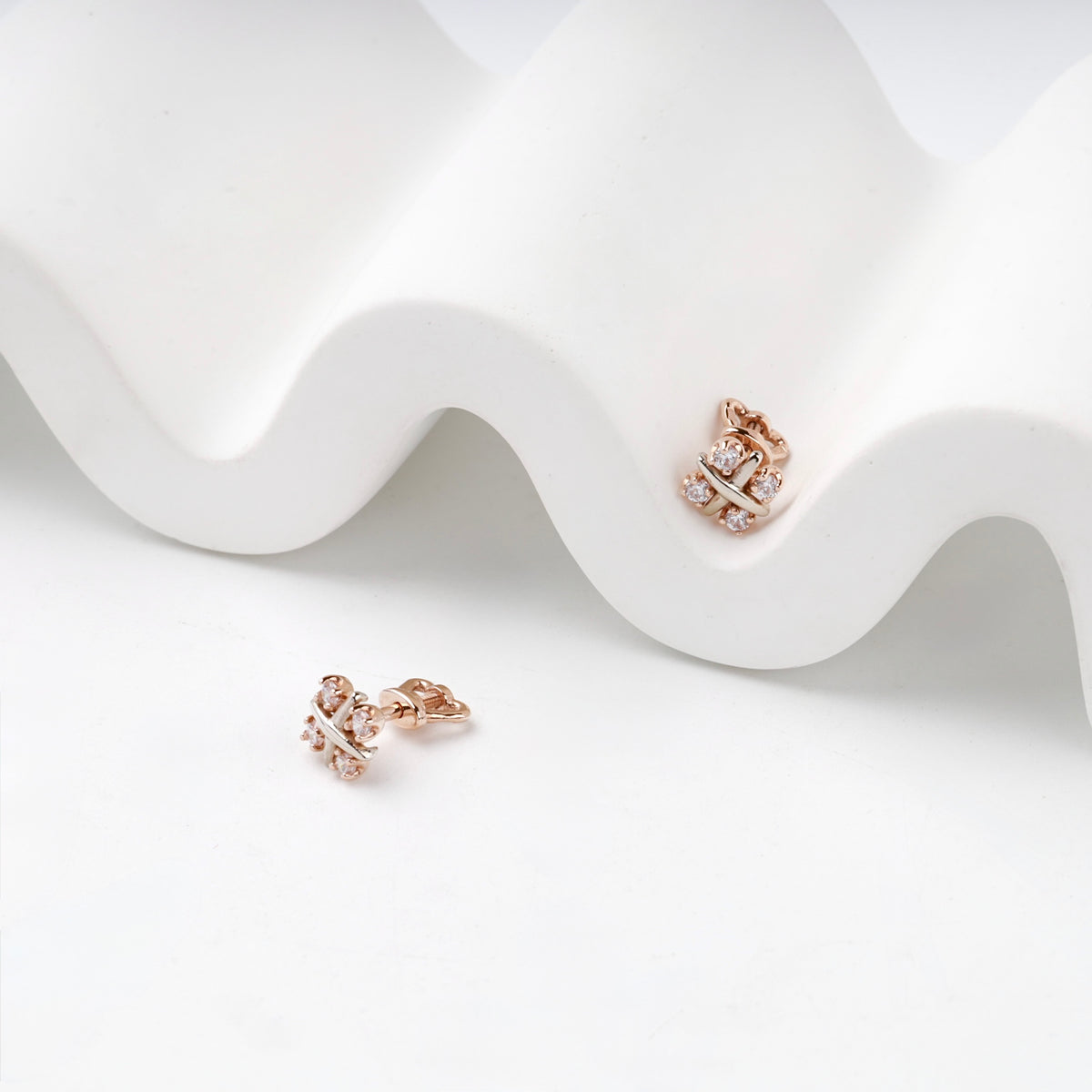 Rose Gold 14K (585) Geometric Cubic Zirconia Stud Earrings — angled view — Kabluchka