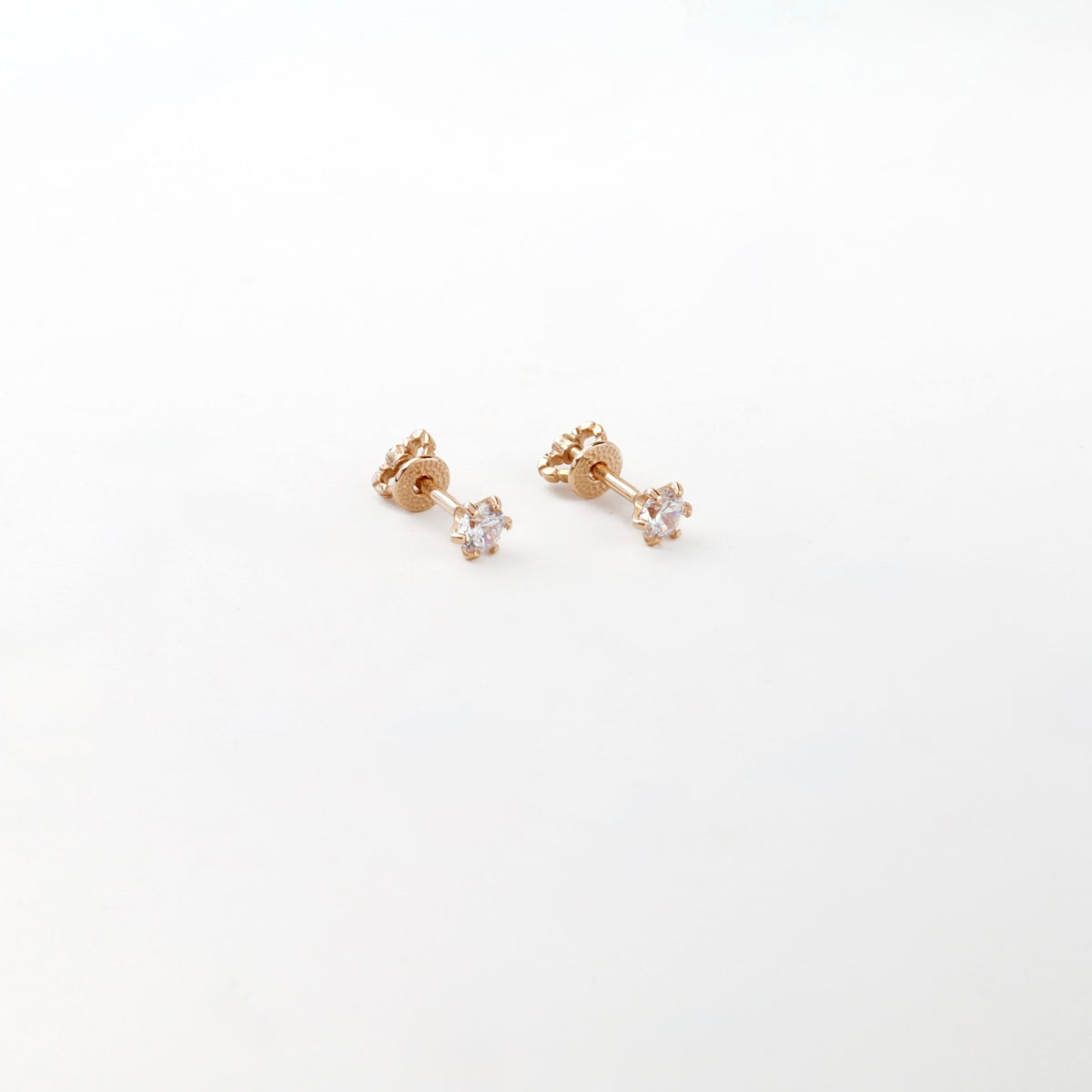 Rose Gold 14K (585) Round Cubic Zirconia Stud Earrings — angled view — Kabluchka