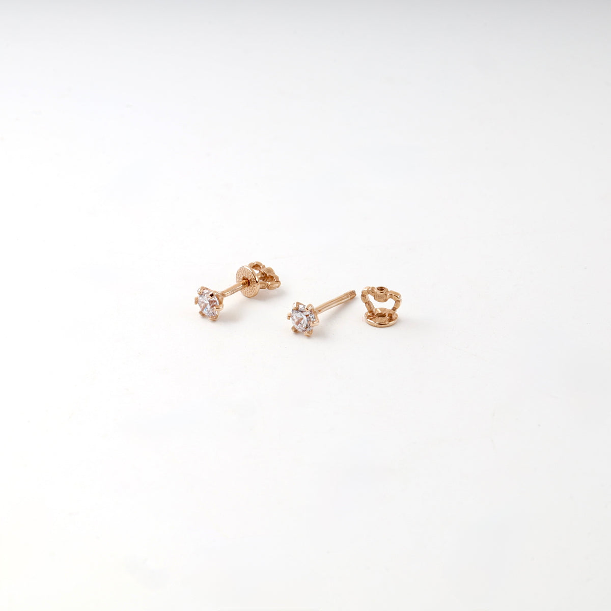 Rose Gold 14K (585) Round Cubic Zirconia Stud Earrings — closure detail — Kabluchka