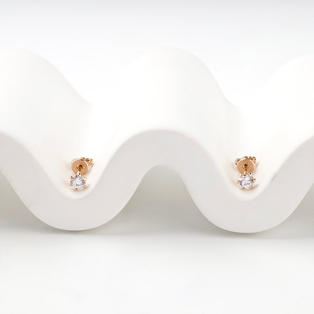 Rose Gold 14K (585) Round Cubic Zirconia Stud Earrings — front view — Kabluchka
