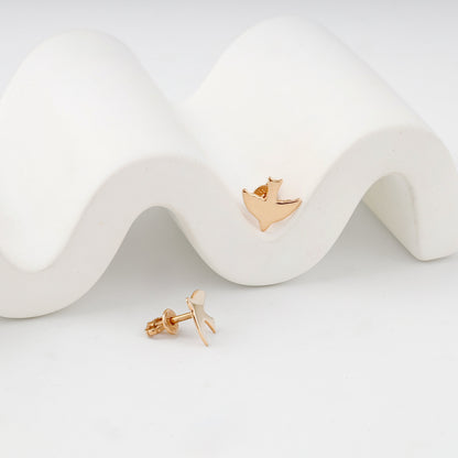 Rose gold bird stud earrings — front and screw-back view — Kabluchka
